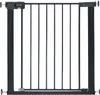 A black metal safety gate with vertical bars and a locking mechanism on the left side. Voir les images du produit