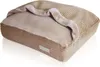 A beige corduroy dog bed with a plush lining and a hood. Produktbild-Vorschau