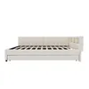 A side view of a beige daybed with a slatted mattress base and a built-in storage unit on the right side of the headboard. Náhled obrázku produktu