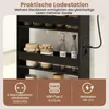 A close-up view of a black shelving unit with jars and bottles on it, featuring a built-in charging station with a power cord plugged in. Produktbild-Vorschau