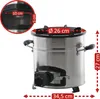 A stainless steel rocket stove with dimensions indicated by measurement lines and text. Produktbild-Vorschau