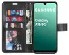 A black wallet case for a Samsung Galaxy A16 5G phone, with cards and cash inserted. Produktbild-Vorschau