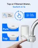 Advertisement showing a water filter attached to a faucet and demonstrating its modes. Podgląd zdjęcia produktu