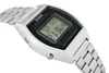 A close-up, angled shot of a silver Casio digital watch with a black face, set against a white background. Produktbild-Vorschau