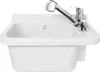 A white sink with a chrome faucet and soap dispenser against a white background. Anteprima dell’immagine prodotto