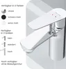 A close-up of a chrome faucet with text describing its availability in different colors and sizes. Produktbild-Vorschau