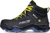 A black work boot with yellow laces and blue accents on a white background. Produktbild-Vorschau