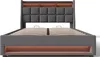 A grey upholstered bed frame with an integrated headboard and LED lighting. Produktbild-Vorschau