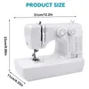 A white sewing machine with product dimensions indicated by text and lines. Produktbild-Vorschau