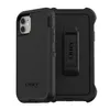 A black OtterBox Defender Series case for an Apple iPhone 11 is shown with a belt clip attached. Voir les images du produit