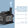 A close-up marketing image of a small black DC water pump with water spraying from its outlet, set against a light blue background. Text overlays highlight product features and specifications. Náhled obrázku produktu
