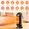 A space heater is shown in a living room setting, with heat waves emanating from it towards a couch. Above the heater, there are several icons with German text describing its features. Produktbild-Vorschau