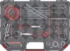 A top-down view of an open tool case filled with various tools and accessories. Produktbild-Vorschau