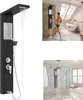 A collage of images showing a black shower panel, a man using a shower panel in a bathroom, and a shower panel installed in a modern shower enclosure. Náhľad obrázku produktu