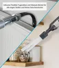 A split image showing a vacuum cleaner attachment being used in two different scenarios: cleaning a radiator and dusting a shelf with jars and a paper towel. Anteprima dell’immagine prodotto
