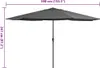 A large, dark grey patio umbrella is shown fully open against a white background. Dimensions are indicated by purple lines and text. Anteprima dell’immagine prodotto
