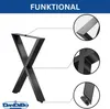 A black metal table base with close-up views of its construction and adjustable feet. Produktbild-Vorschau