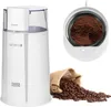 A collage showing a white electric coffee grinder, a close-up of ground coffee in the grinder, and a burlap sack spilling coffee beans. Náhled obrázku produktu
