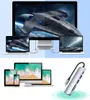 A collage of images showing a USB-C hub connected to various devices, including laptops and monitors, and a separate image of multiple electronic devices. Produktbild-Vorschau
