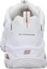The back view of a white Skechers sneaker with rose gold accents. Voir les images du produit