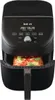A black air fryer with a pizza inside the basket, placed on a white background. Produktbild-Vorschau