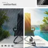 A split image showing a sun lounger in rain on the left and in bright sunlight by a pool on the right, with feature callouts. Náhled obrázku produktu