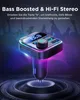 A car FM transmitter with a digital display and multiple ports, set against a dark, abstract background with glowing purple and blue waves and silhouettes of a crowd. Produktbild-Vorschau