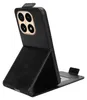 A black flip case for a smartphone is shown standing upright, propped up by its own folded cover. Produktbild-Vorschau