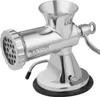 A shiny, silver manual meat grinder is shown against a white background. Podgląd zdjęcia produktu