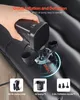 A hand holding a black air pump over a black inflatable mattress, with inset images of accessories. Podgląd zdjęcia produktu