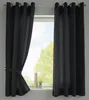 Two black curtains are shown hanging in front of a window, with one curtain tied back. Produktbild-Vorschau