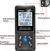A diagram of a laser distance meter with labels pointing out its features. Produktbild-Vorschau