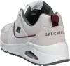 A rear view of a white and gray Skechers sneaker. Voir les images du produit