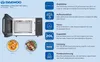 A marketing image of a Daewoo microwave with grill, showcasing its features with text descriptions and icons. Produktbild-Vorschau