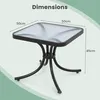 A square glass-top table with a black metal base, showing its dimensions. Podgląd zdjęcia produktu