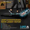 A person is using a treadmill in a gym-like setting, with a graphic highlighting the motor. Produktbild-Vorschau