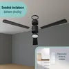 A ceiling fan is shown disassembled and assembled, with a remote control and its wall mount depicted in the lower right corner. Text overlays highlight ease of installation and the remote mount. Náhled obrázku produktu