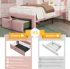 A comparison of a bed drawer system, showing one that is easy to use and another that is not. Produktbild-Vorschau