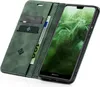 A green flip case for a Huawei P20 Lite phone, open to reveal the phone screen and card slots. Produktbild-Vorschau