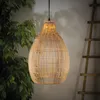 A rattan pendant light hangs in front of a leafy plant and a wooden ladder. Produktbild-Vorschau