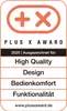 A marketing badge for the Plus X Award, indicating recognition for High Quality, Design, Bedienkomfort (Ease of Use), and Funktionalität (Functionality) in 2025. Produktbild-Vorschau