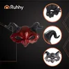 A collage of images showcasing a devil mask with horns, with close-up views of its details and a separate image of a similar mask in black. Produktbild-Vorschau