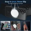A collage of images showcasing a phone case with a magnetic charging feature, demonstrating its attachment to a car mount and its compatibility with a magnetic charger. Podgląd zdjęcia produktu