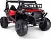 A red and black UTV ride-on toy for children is shown from a front-side angle against a white background. Produktbild-Vorschau
