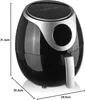 A black air fryer with silver accents is shown from a side-angle with dimensions indicated by lines and text. Produktbild-Vorschau