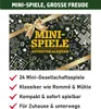 A flat lay image of an advent calendar with various mini-games depicted on its surface, along with descriptive text and checkmarks. Produktbild-Vorschau