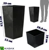 A collage of product images showing different sizes of black planters, with a silhouette of a person for scale and dimensions indicated by text. Produktbild-Vorschau