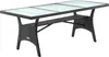 A black polyrattan garden table with a glass tabletop and a shelf underneath, shown on a white background. Voir les images du produit