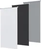 Three vertical blinds in different colors (white, black, and gray) are shown side-by-side against a white background.