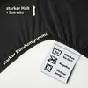 A close-up of a black fabric with care instructions and feature highlights. Produktbild-Vorschau